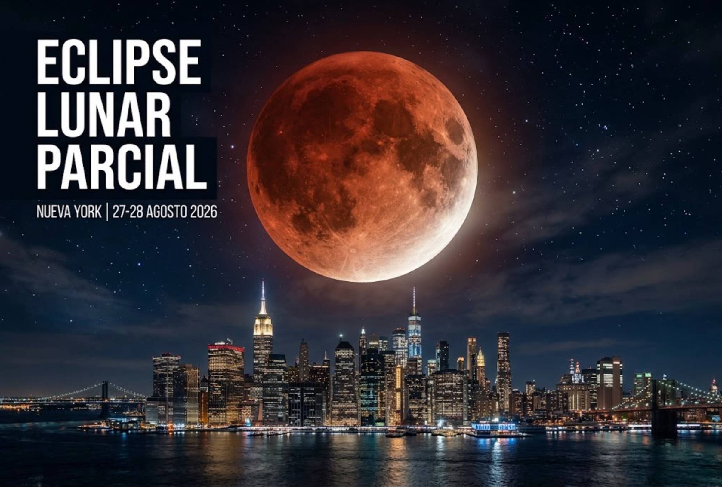 NUEVA YORK, ESTADOS UNIDOS. Horarios y dónde ver el eclipse lunar parcial en Nueva York. Te contamos todos los detalles para que puedas disfrutar de la Luna Roja. FOTO: Imagen creada por la IA de Gemini.
