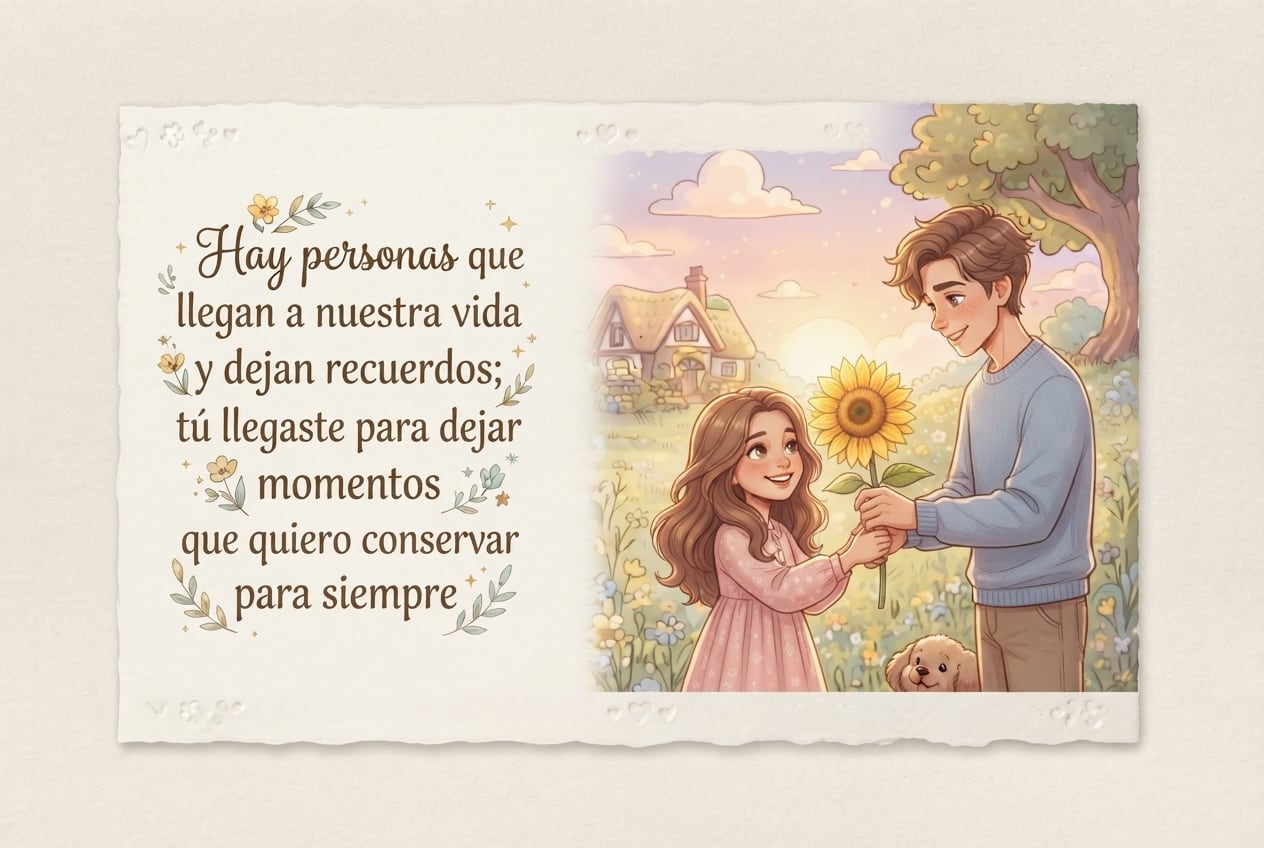 "Hay personas que llegan a nuestra vida y dejan recuerdos; tú llegaste para dejar momentos que quiero conservar para siempre". Imagen creada por la IA de Gemini.