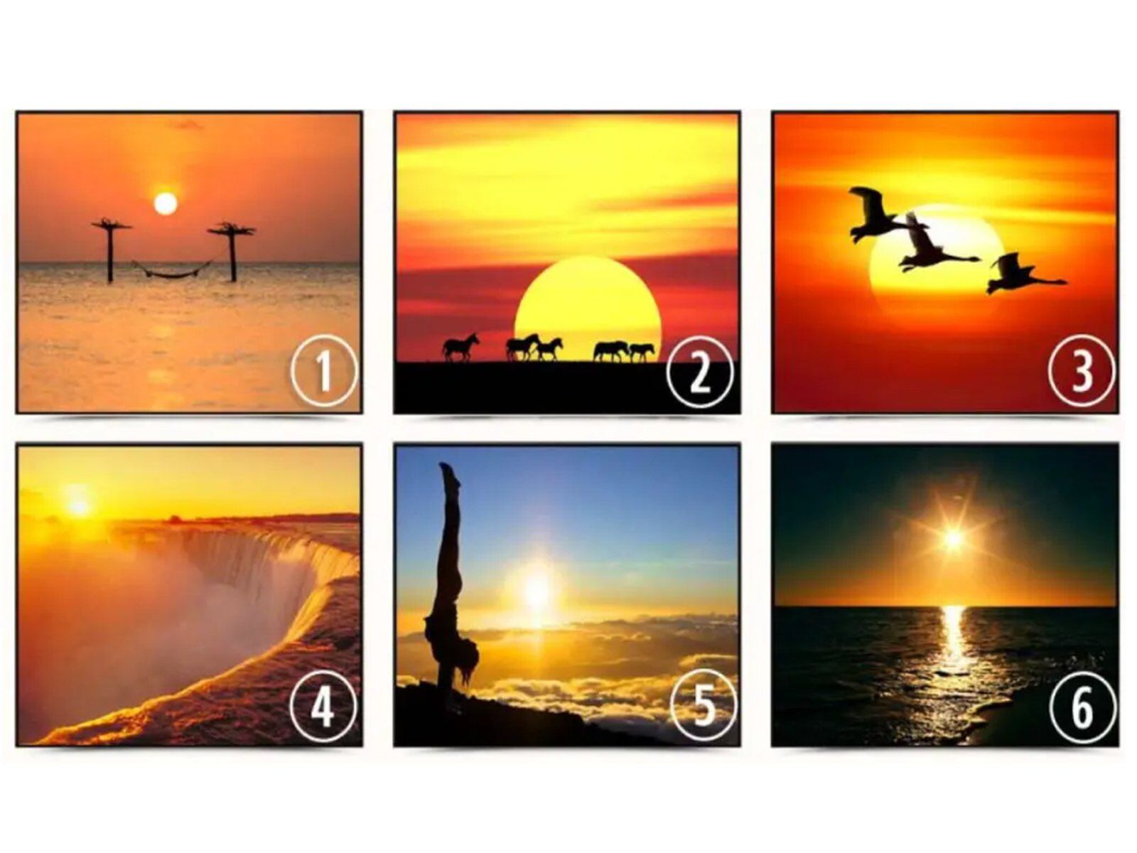 TEST VISUAL | Esta imagen te muestra seis atardeceres. ¿Cuál es el que más te gusta? (Foto: namastest.net)