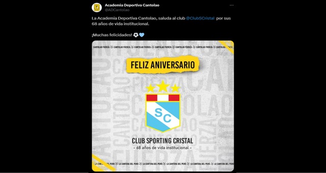 Cantolao saludó a Sporting Cristal por su aniversario. (Foto: Twitter)
