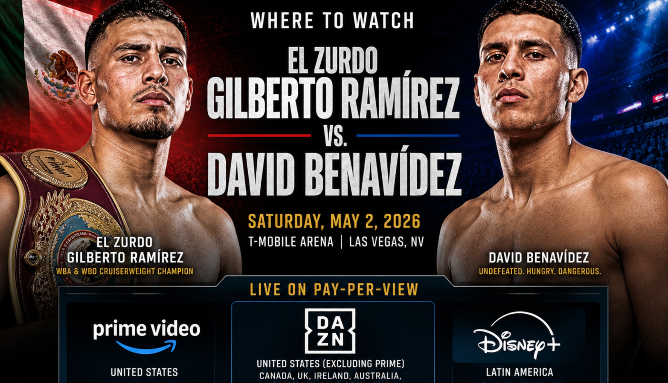 Find out where you can watch the Gilberto Ramírez vs. David Benavidez fight this Saturday, May 2, 2026, for the WBO and WBA cruiserweight titles, live from the T-Mobile Arena in Las Vegas. (Photo: Image created by Depor using ChatGPT)