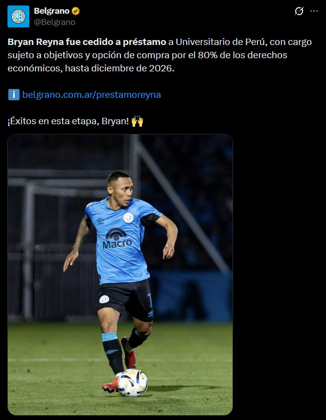 Belgrano oficializó el préstamo de Bryan Reyna a Universitario. (Foto: Captura X)