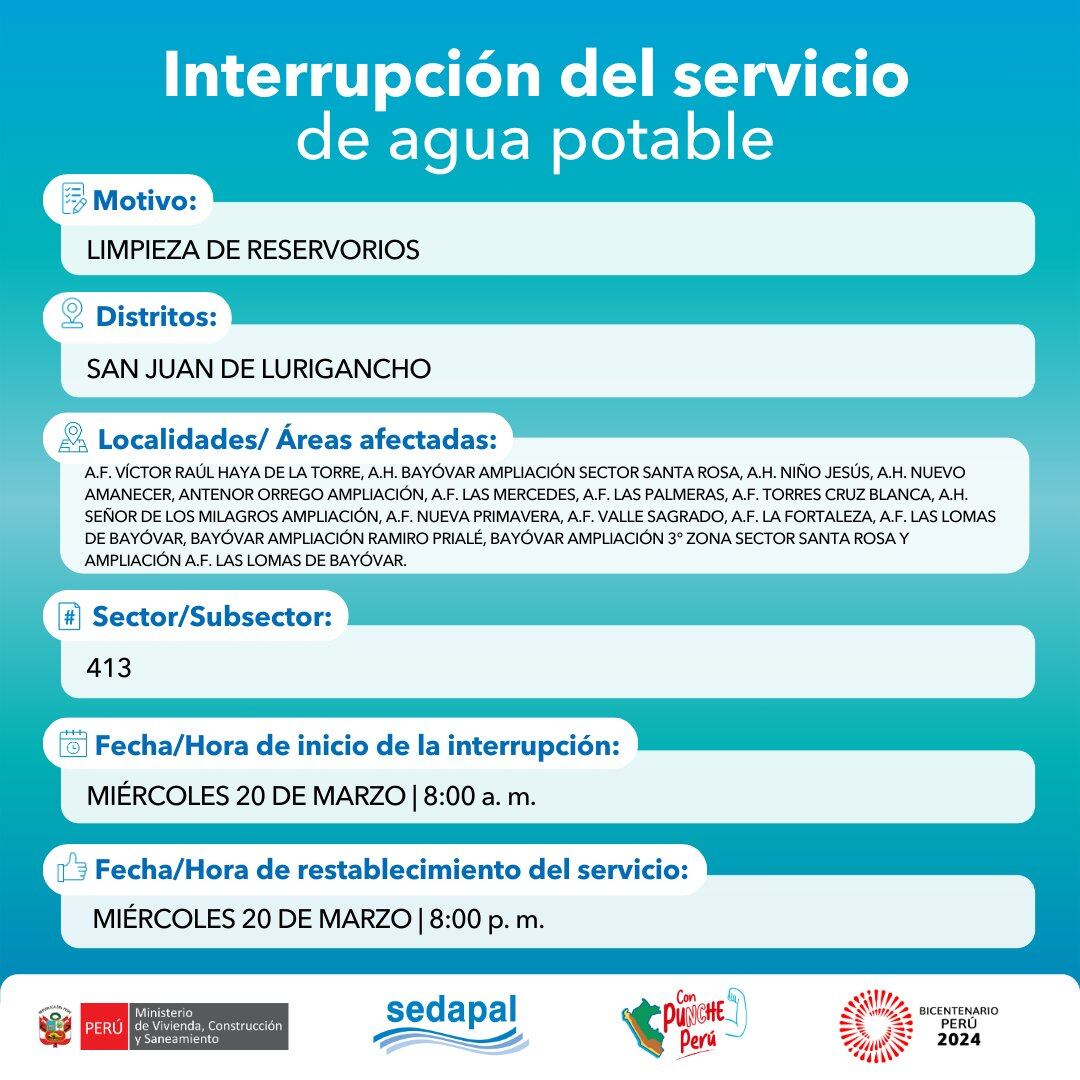 Sedapal anunció las zonas y distritos donde cortará el servicio de agua este miércoles 20 de marzo. (Foto: Sedapal)