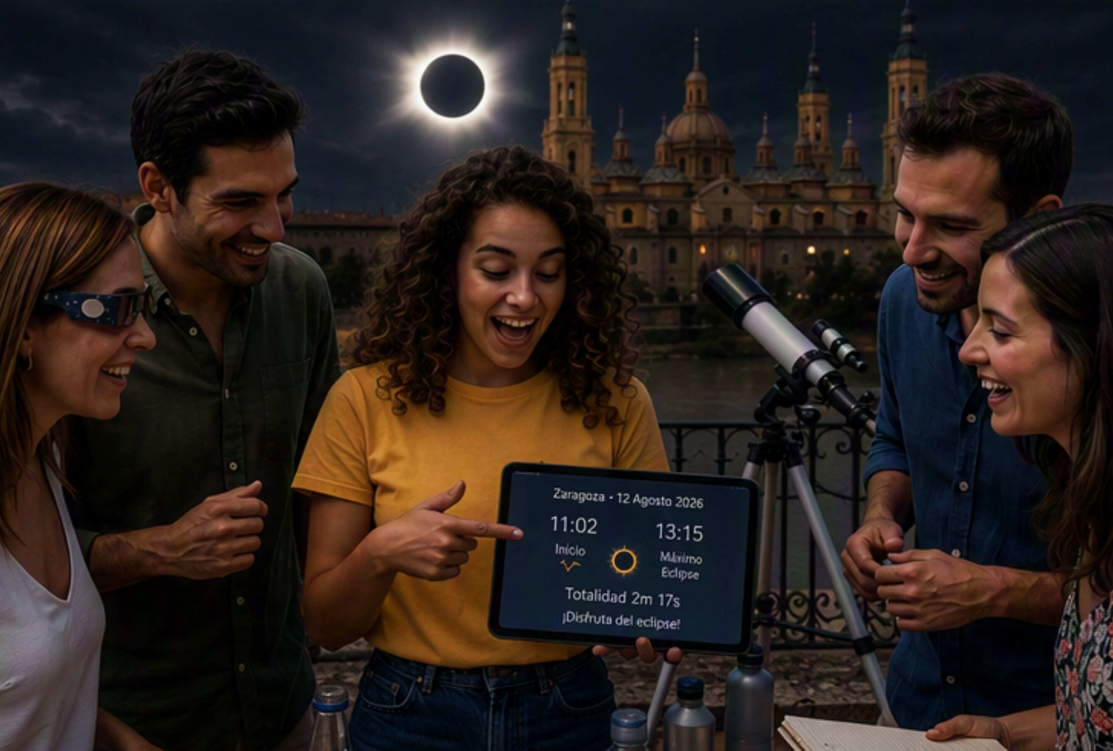 Predicción del tiempo y visibilidad del eclipse solar en Zaragoza este 12 de agosto. Análisis de nubosidad y condiciones meteorológicas en Aragón para confirmar si el cielo estará despejado durante el fenómeno de hoy. | Imagen referencial creada por El Comercio MAG utilizando la IA de ChatGPT / Composición GEC