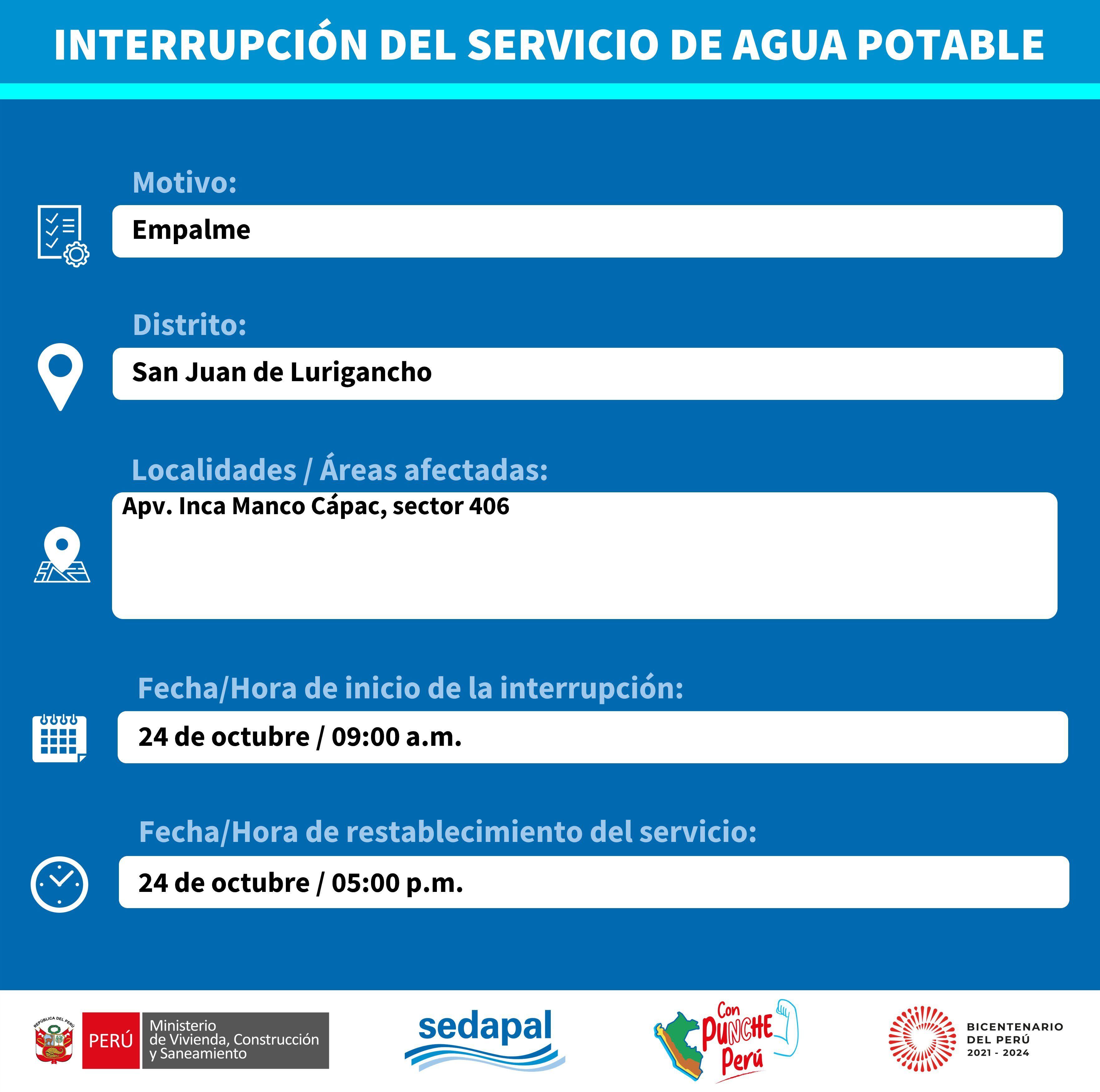 Sedapal dio a conocer en qué zonas habrá corte de agua para este 24 de octubre. (Foto: Twitter)