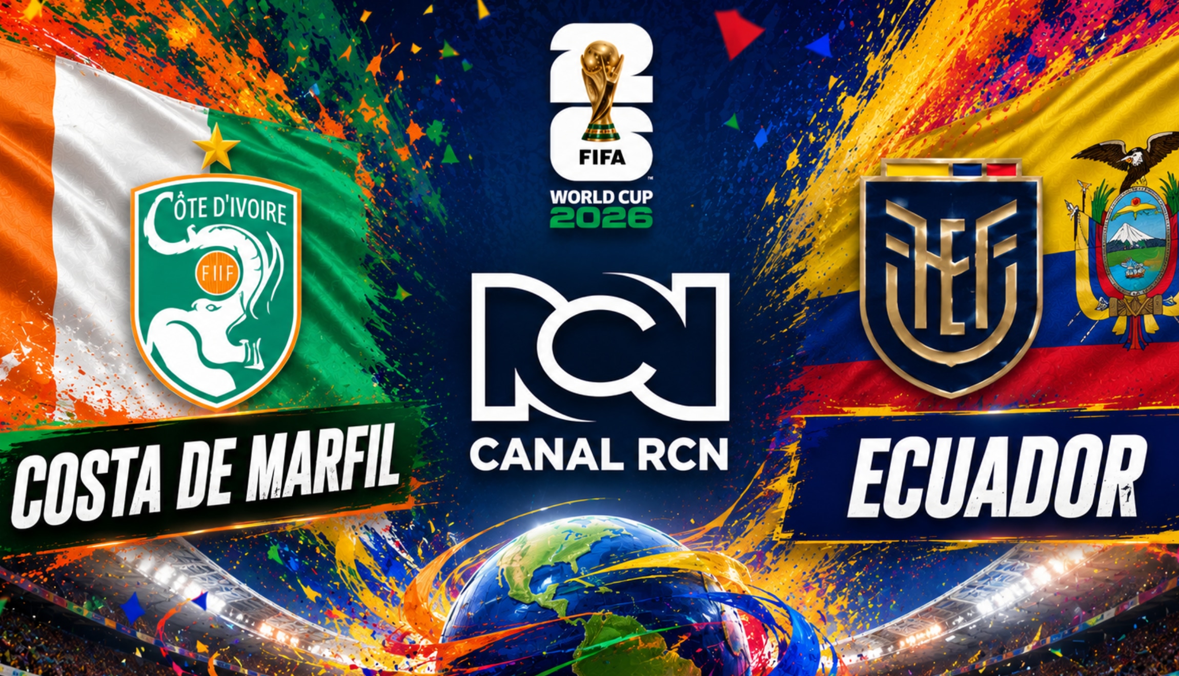 Señal del Canal RCN para ver el partido de Ecuador vs. Costa de Marfil EN DIRECTO, este domingo 14 de junio, por la Jornada 1 del Grupo E del Mundial de Fútbol 2026. (Foto: Imagen creada por Depor utilizando la IA de Chat GPT)