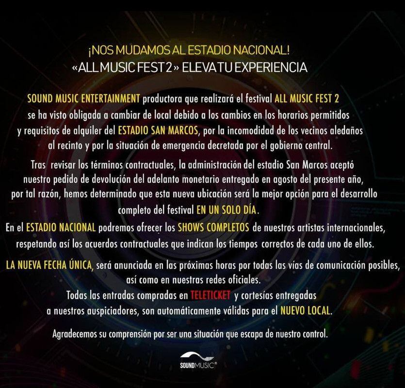 El ‘All Music Fest 2 tuvo que cambiar de locación. (Foto: Instagram)