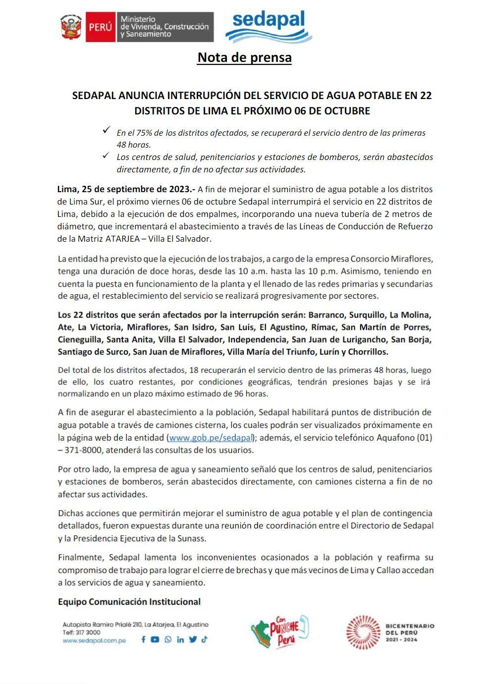 Comunicado oficial de Sedapal sobre el corte de agua masivo en 22 distritos de Lima (Foto: Sedapal).