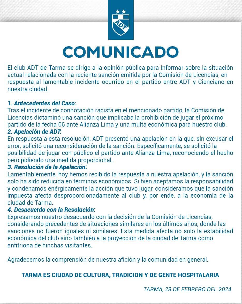 El comunicado de ADT tras la decisión de la CD-FPF.