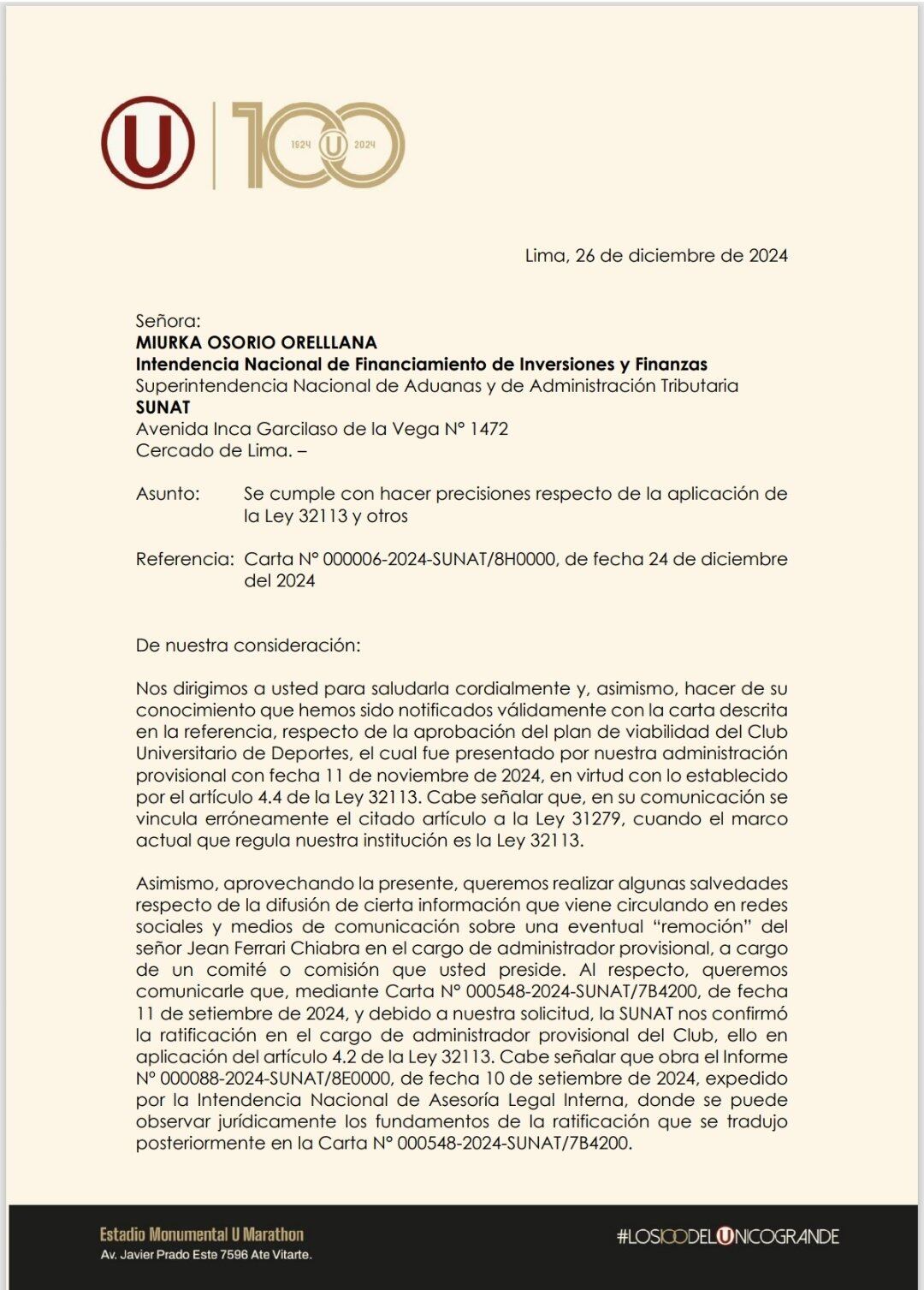 La carta de Universitario para la SUNAT. (Foto: Universitario).