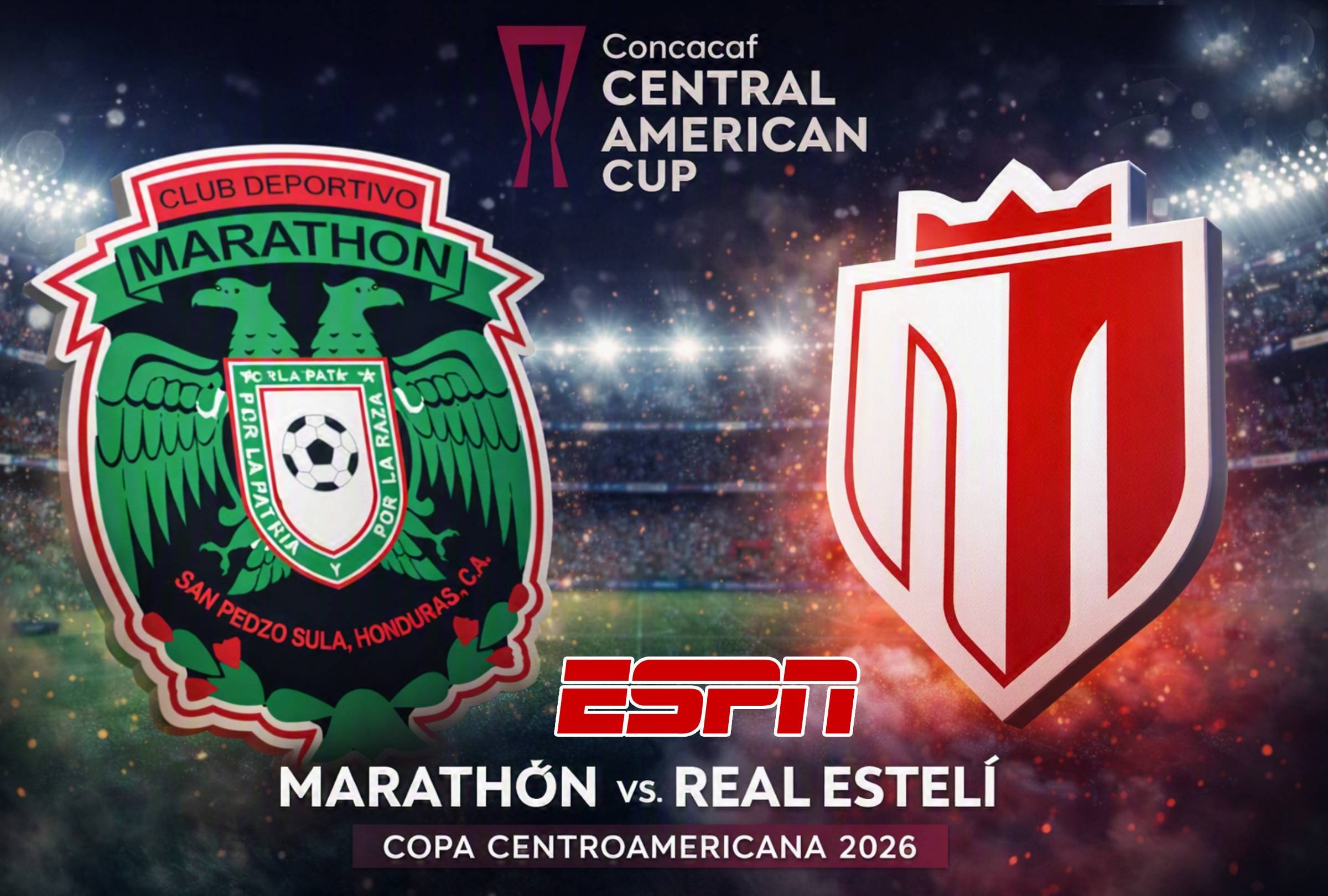 SAN PEDRO SULA, HONDURAS, (26-08-2026).- ESPN y Disney Plus transmitirán EN VIVO ONLINE el partido CD Marathón vs. Real Estelí FC por la Copa Centroamericana de Concacaf en el estadio General Francisco Morazán. FOTO: Imagen creada por la IA de Microsoft Copilot.