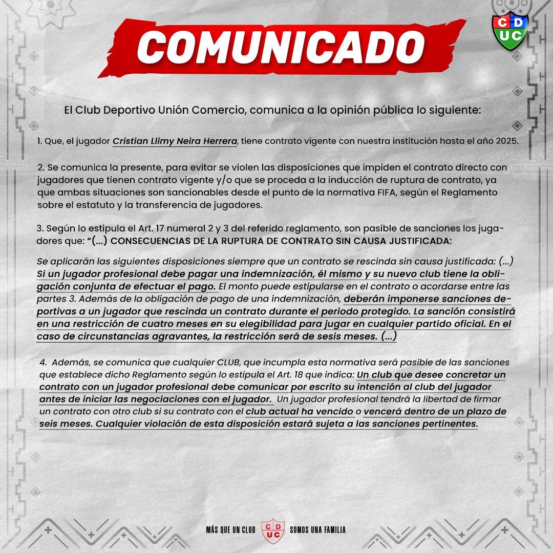 El comunicado de Unión Comercio en redes sociales. (Foto: Unión Comercio)