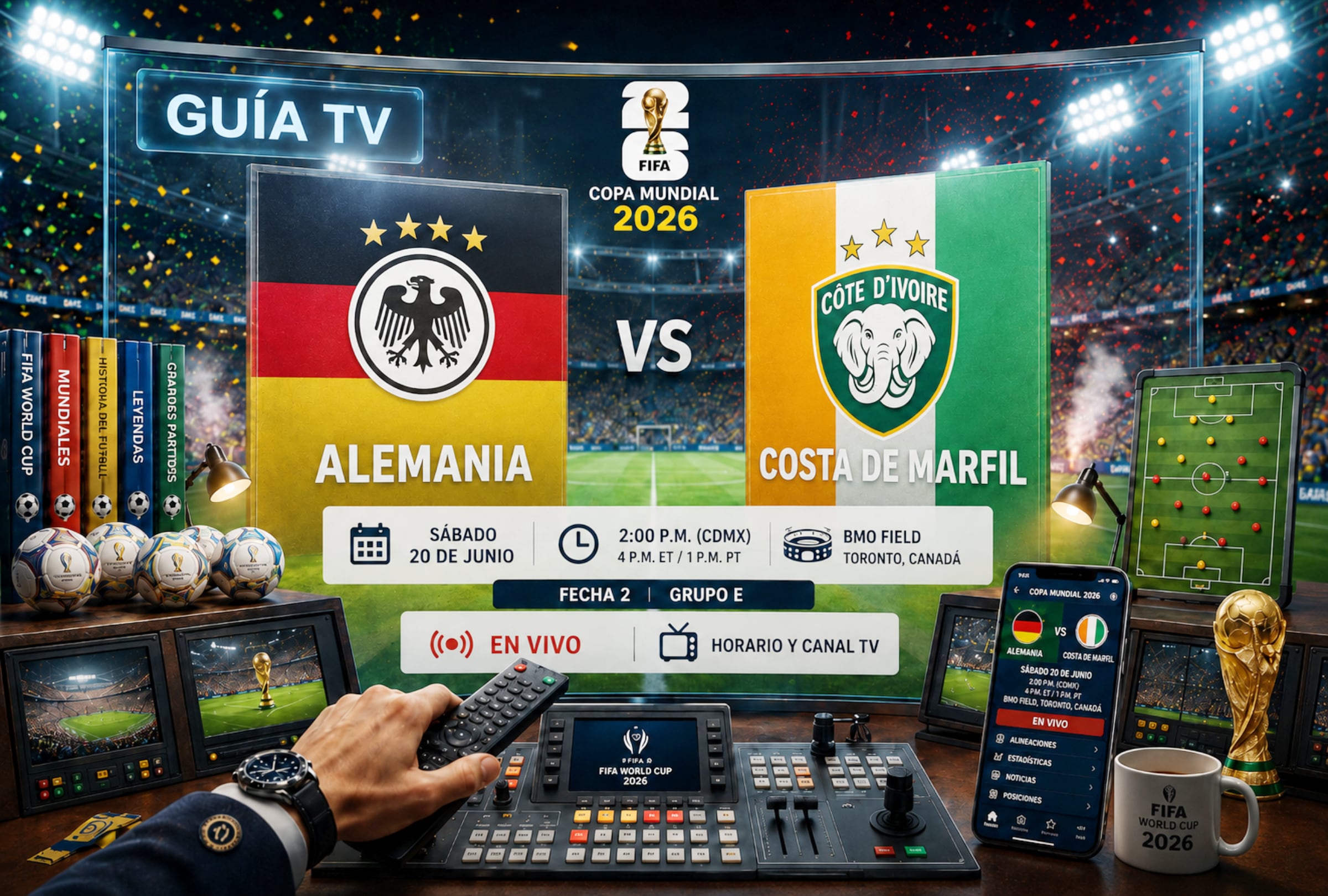TORONTO (CANADÁ), 20/06/2026.- Lista de horarios y canales de televisión para ver el partido Alemania vs. Costa de Marfil EN VIVO EN DIRECTO ONLINE hoy por la Jornada 2 del grupo E del Mundial 2026 en el BMO Field Stadium de Toronto, Canadá. FOTO DE NOÉ YACTAYO
