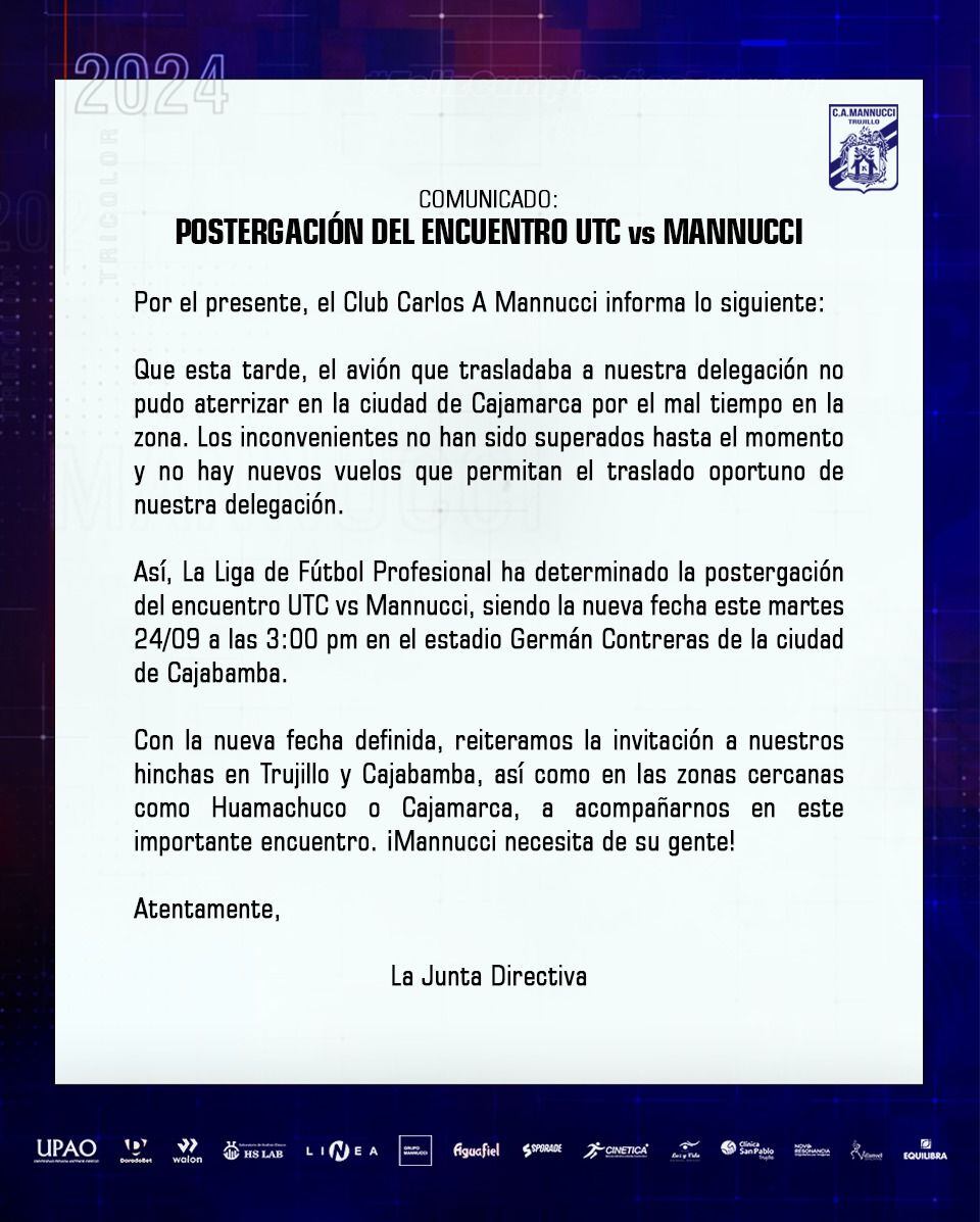Comunicado de Mannucci sobre el partido contra UTC. (Mannucci)