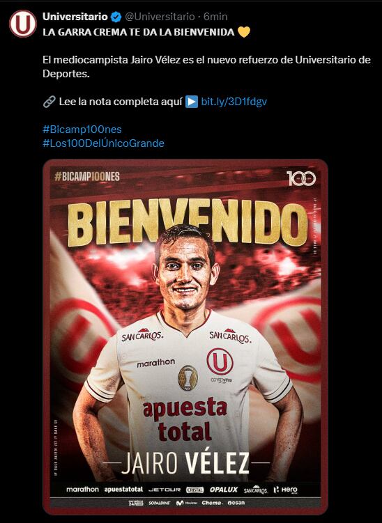 Jairo Vélez fue anunciado como nuevo jugador de Universitario. (Captura: X)