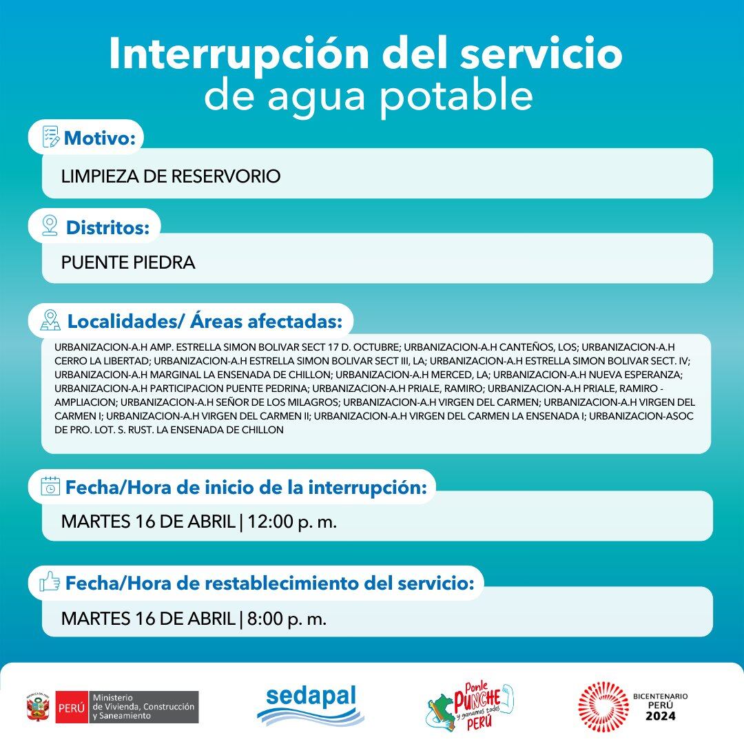 Sedapal anunció que el servicio de agua potable estará restringido en algunas zonas este martes 16 de abril. (Foto: Sedapal)