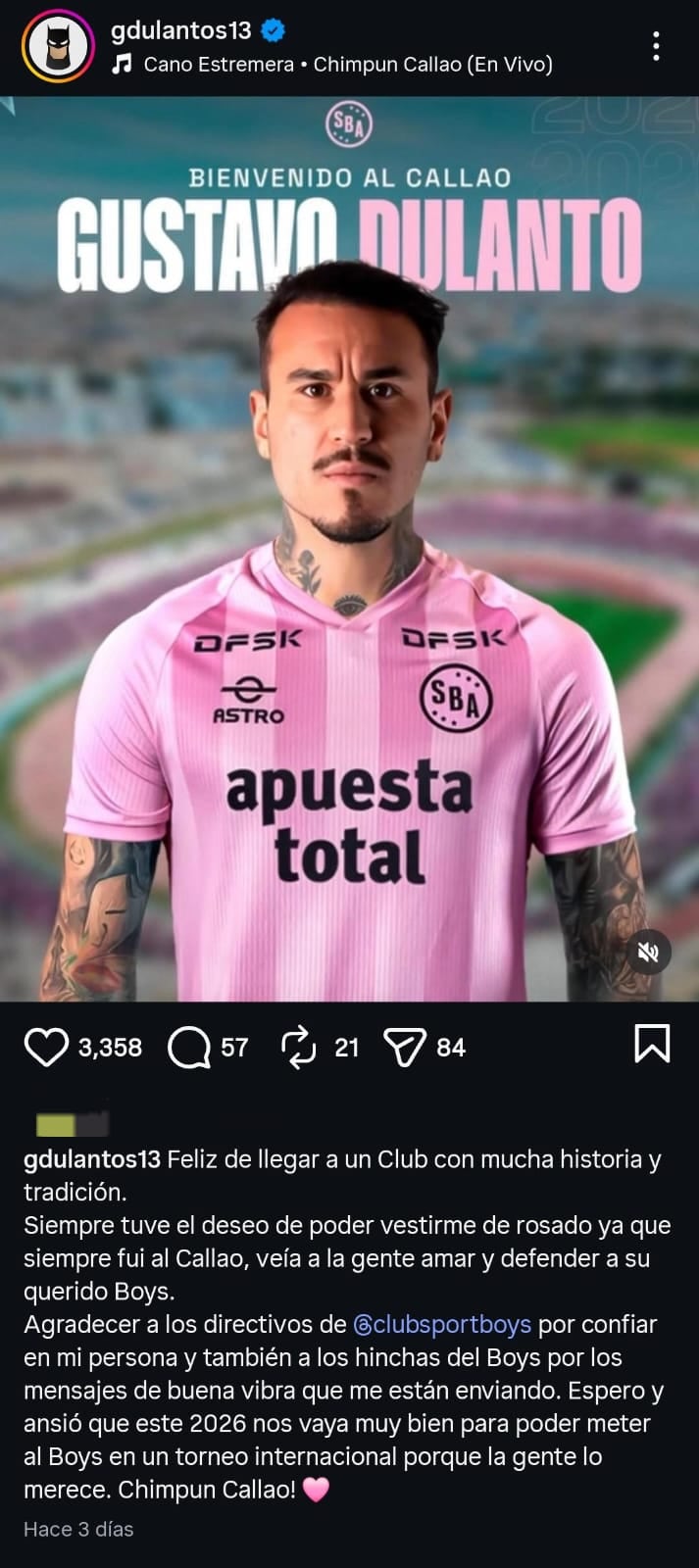 Gustavo Dulanto jugará en Sport Boys en la temporada 2026. (Foto: Instagram)