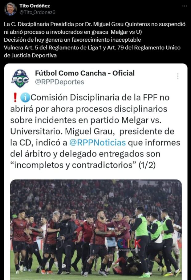 Tito Ordóñez habló sobre la Comisión Disciplinaria y lo sucedido en el U vs. Melgar. (Captura)