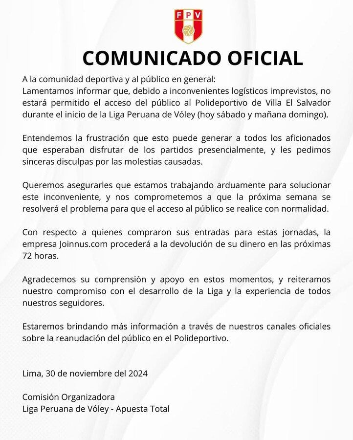 Comunicado de la Federación Peruana de Vóley