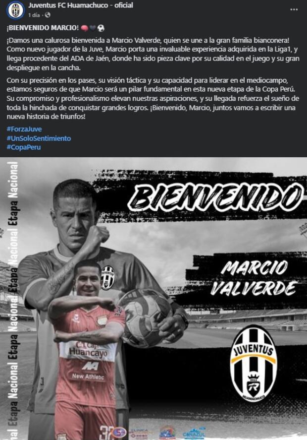 Juventus FC anunció fichaje de Marcio Valverde para jugar en la Copa Perú. (Foto: Captura).