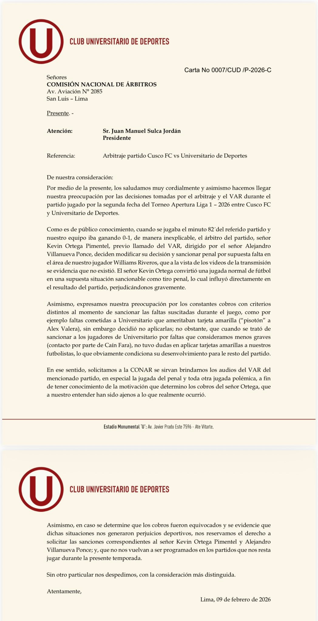 Carta de Universitario a la Comisión Nacional de Árbitros. (Imagen: Universitario de Deportes)