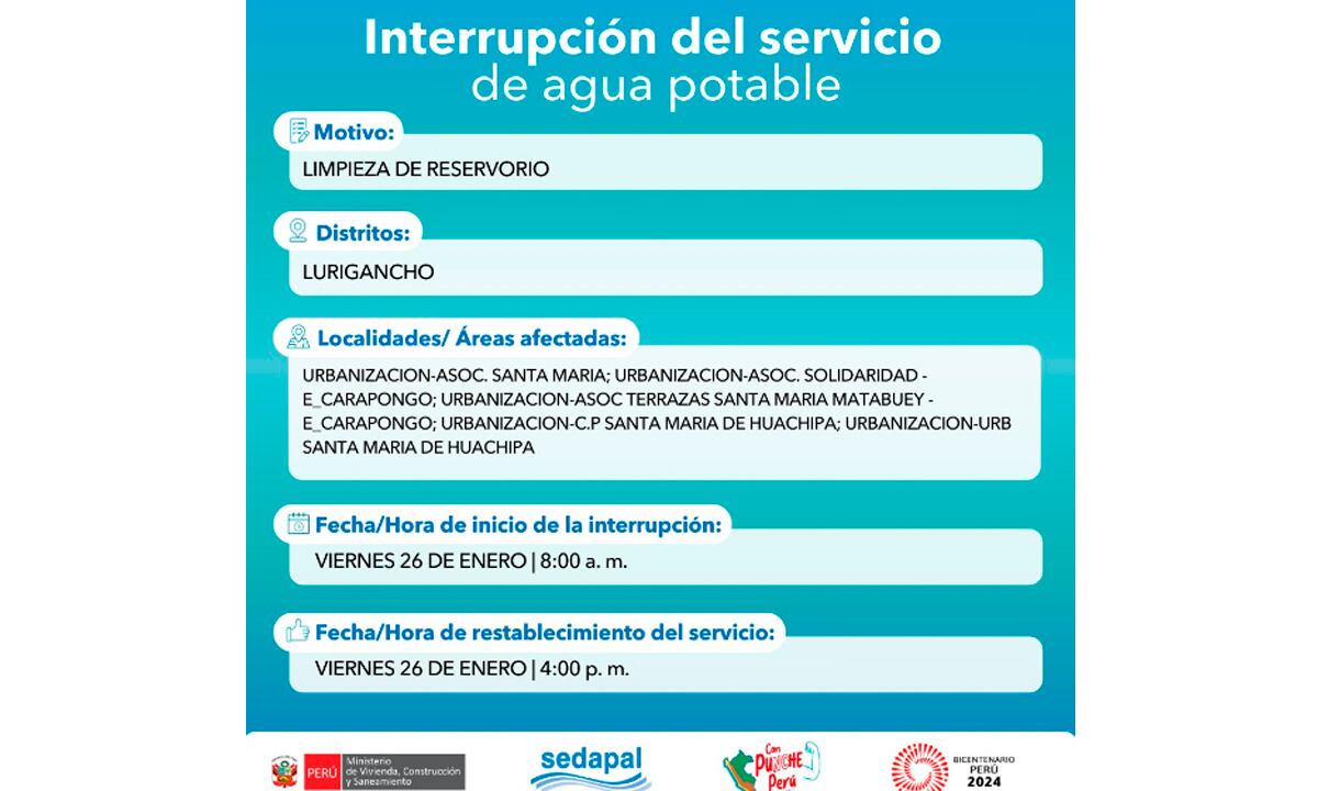Sedapal informó qué distritos no tendrán agua este viernes 26 de enero. (Foto: Twitter)