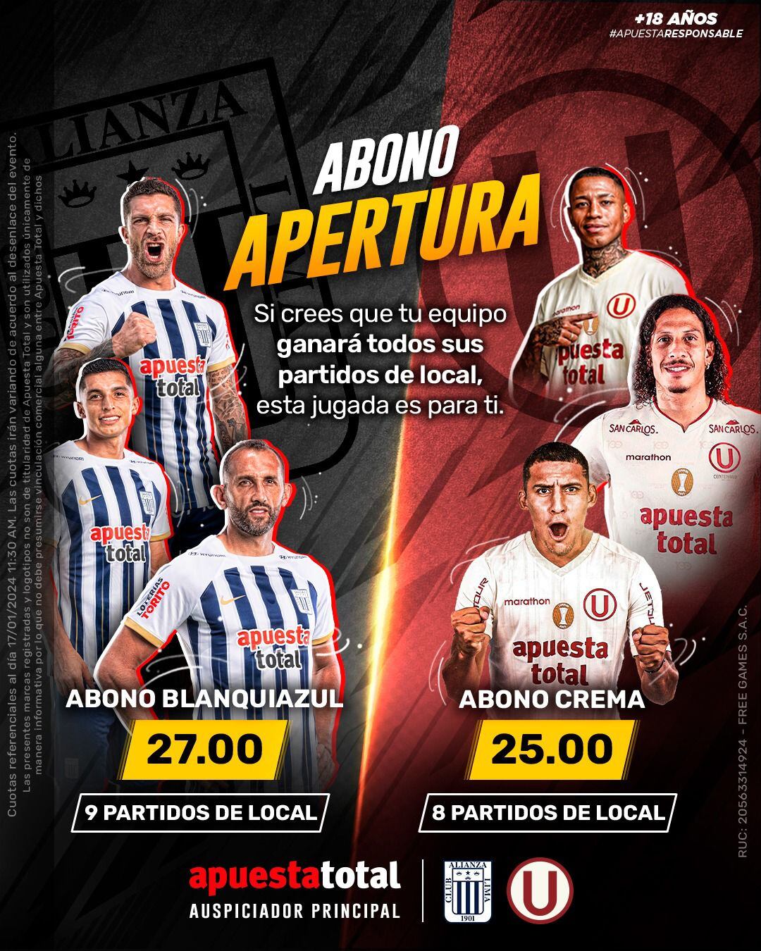 Abono de apuesta total de Universitario y Alianza Lima. (Foto: Apuesta Total)