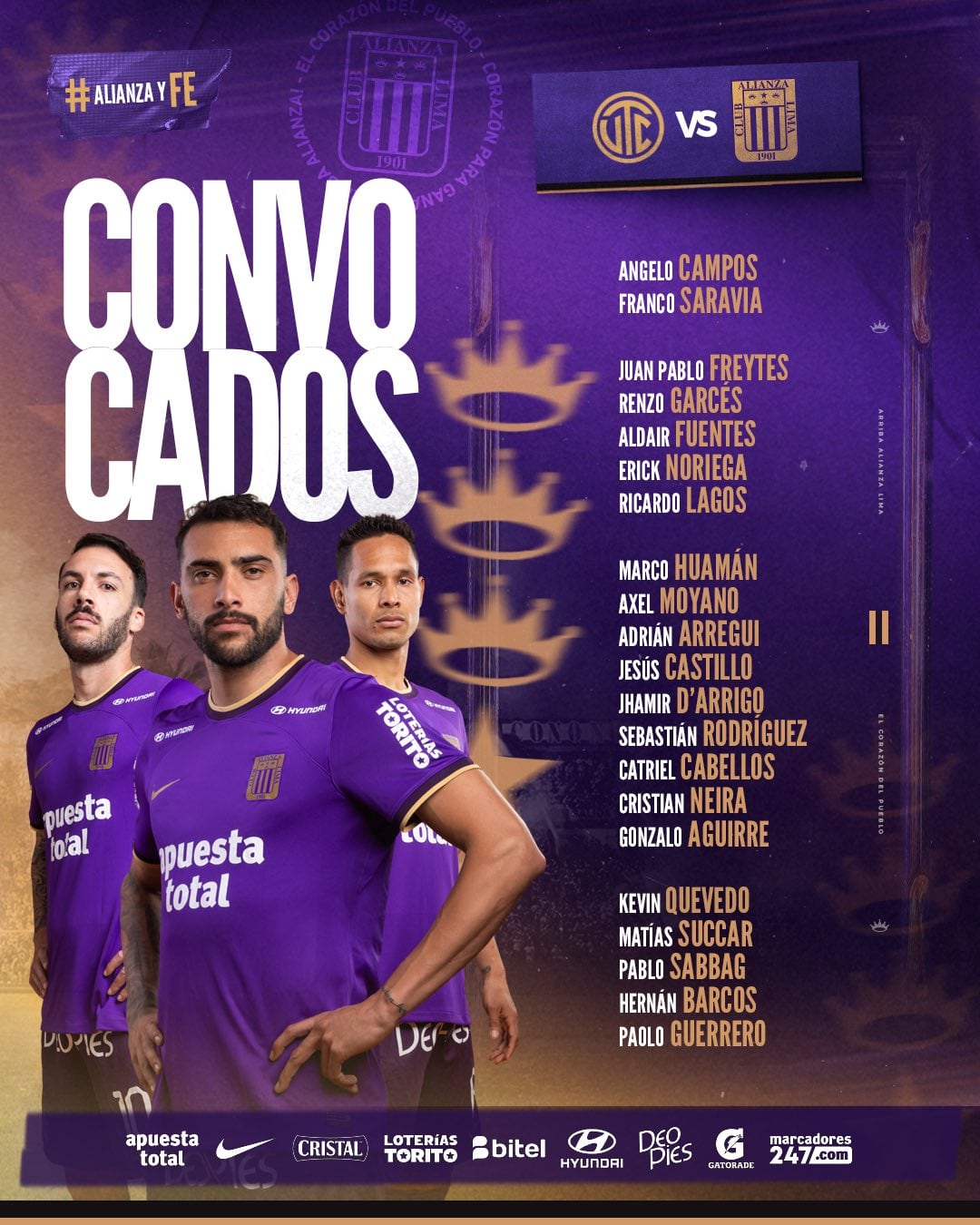 Lista de convocados de Alianza Lima para enfrentar a UTC. (Imagen: Alianza Lima)