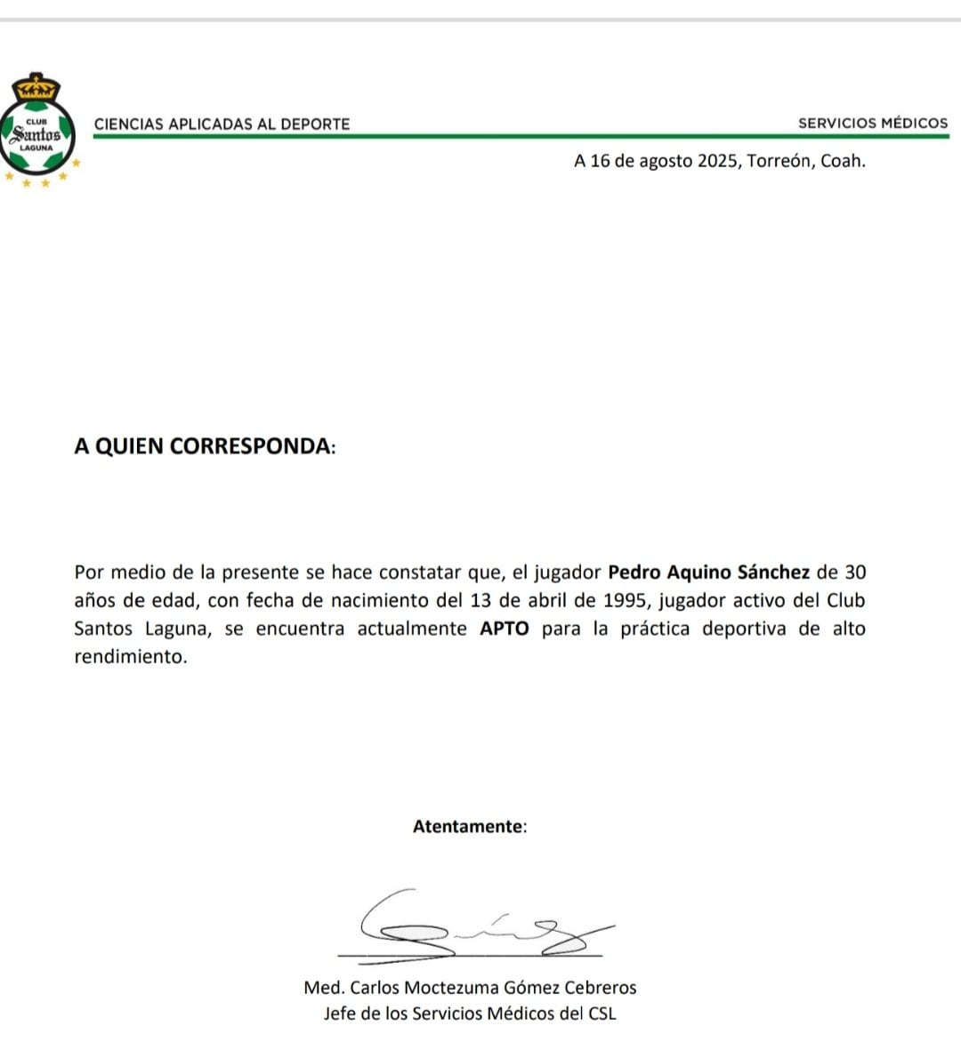 Comunicado de Santos Laguna sobre el estado físico de Pedro Aquino. (Foto: Santos Laguna)