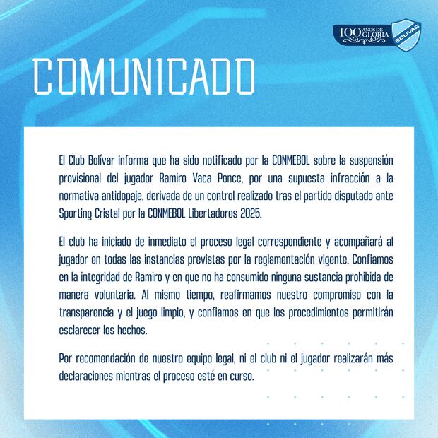 El comunicado de Bolívar sobre la situación de Ramiro Vaca. (Foto: Bolívar)
