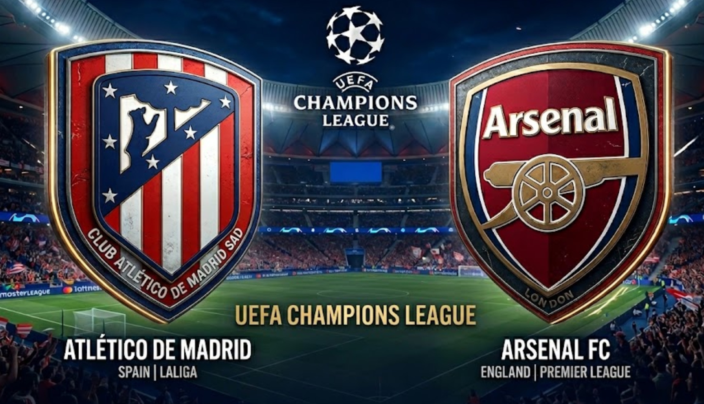 Revisa los horarios y canales para ver Atlético de Madrid vs. Arsenal EN VIVO, este miércoles 29 de abril, por la semifinal ida de la UEFA Champions League 2026. (Foto: Imagen creada por Depor utilizando la IA de Chat GPT)