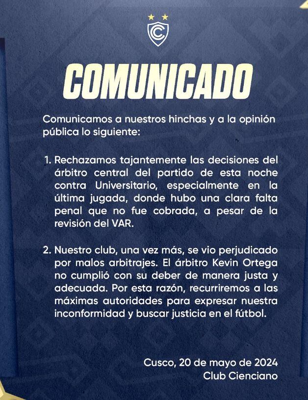 El comunicado de Cienciano tras el empate ante Universitario.
