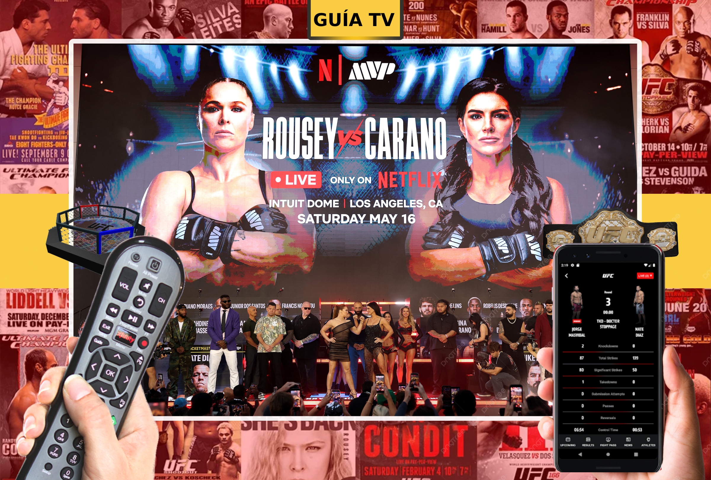 LOS ÁNGELES, CALIFORNIA (ESTADOS UNIDOS), 16/08/2026.- Lista de horarios y canales de televisión en diferentes países del mundo para ver la pelea entre Ronda Rousey y Gina Carano este sábado 16 de mayo por la estelar del evento MMA en el Intuit Dome de Los Ángeles, California. IMAGEN DE NOÉ YACTAYO CON FOTO CENTRAL DE SARAH STIER DE AFP