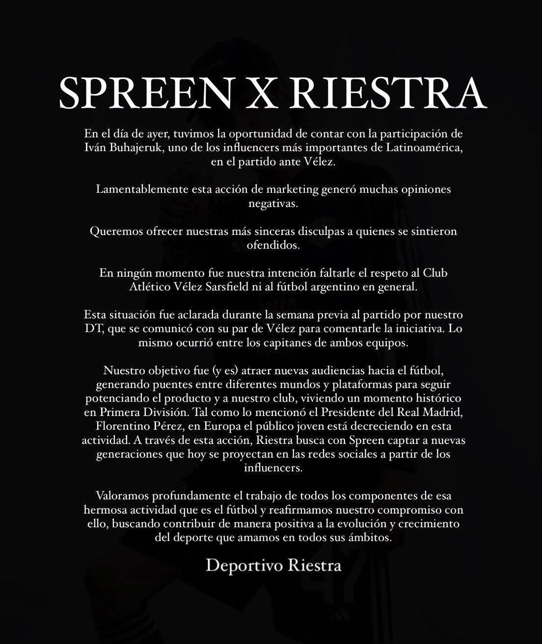 Comunicado de Deportivo Riestra tras el debut de Spreen.
