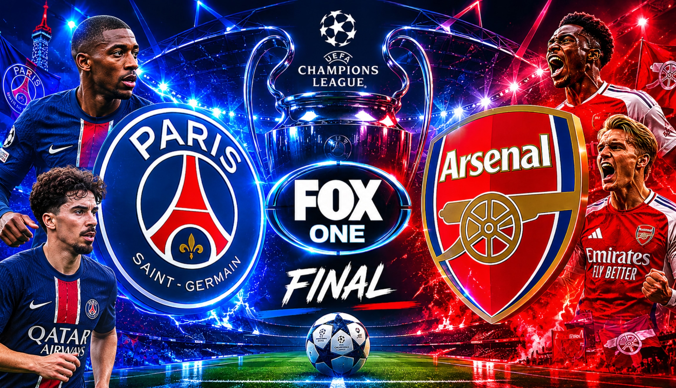 Señal de FOX One EN VIVO para ver la final Arsenal vs. PSG por la definición de la UEFA Champions League 2026, este sábado 30 de mayo desde el Puskas Arena. (Foto: Imagen creada por El Comercio MAG utilizando la IA de Chat GPT)