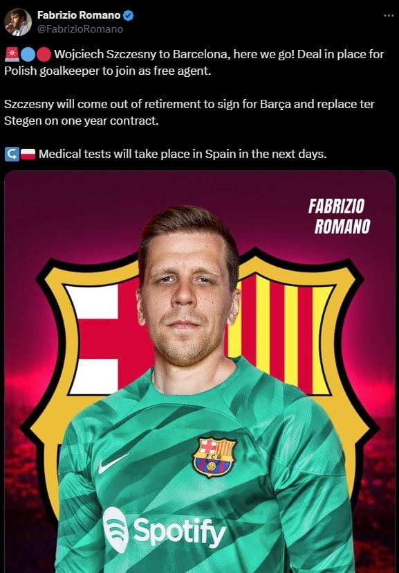 Wojciech Szczesny, nuevo portero del Barcelona. (Foto: Fabrizio Romano)