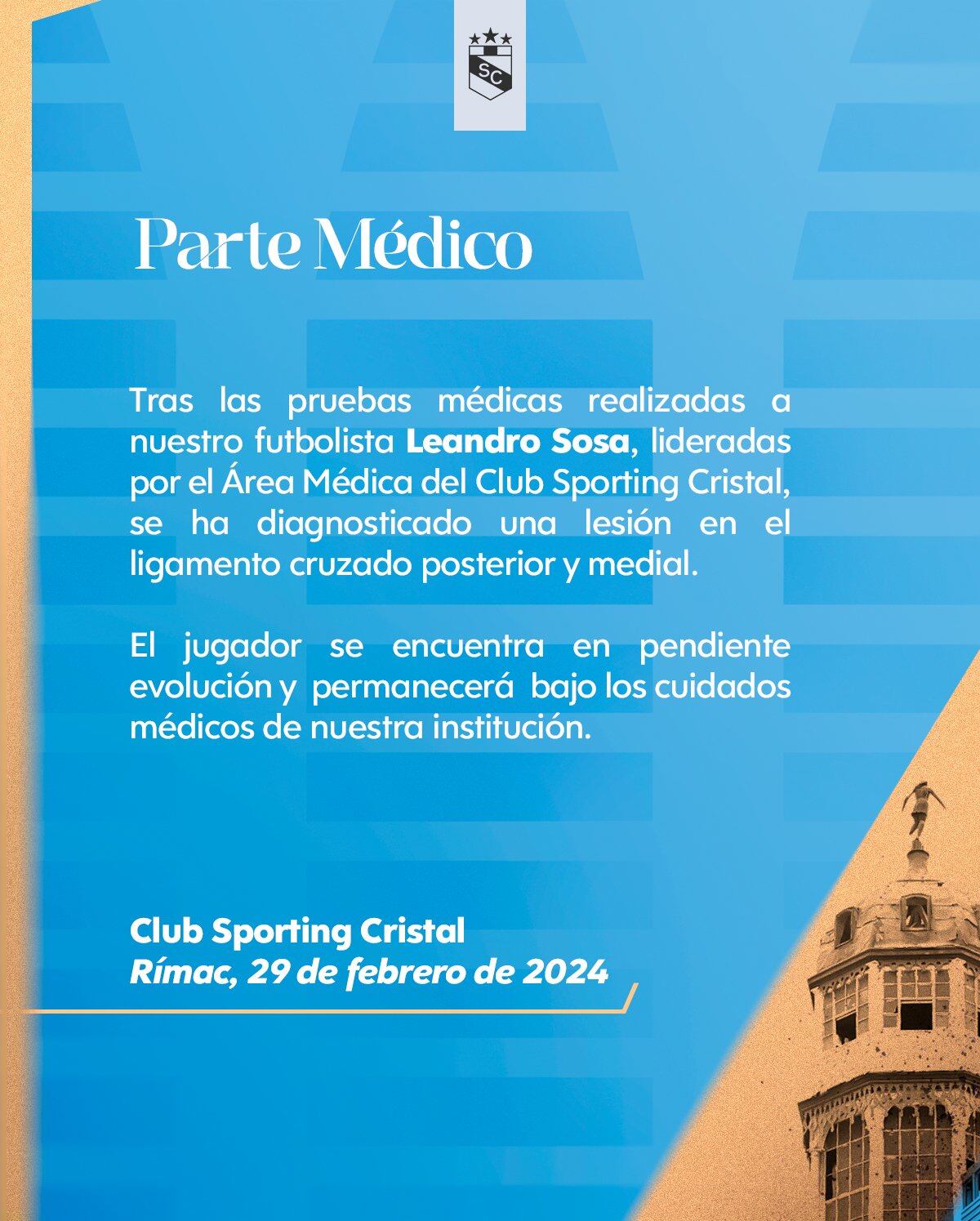 Leandro Sosa lesionado en Sporting Cristal: parte médico. (Foto: Sporting Cristal)