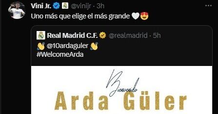 El mensaje de Vinícius a Arda Güler tras fichar por el Real Madrid. (Imagen: Captura de Twitter)