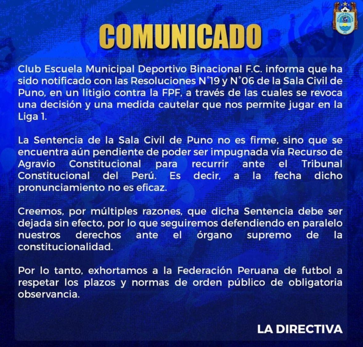 Deportivo Binacional se pronunció sobre anulación de medida cautelar. (Foto: Binacional / Facebook)