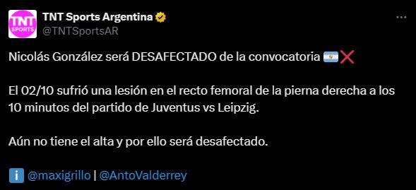 Nicolás González no se recuperó de lesión y será baja en Argentina. (Captura: TNT Sports)