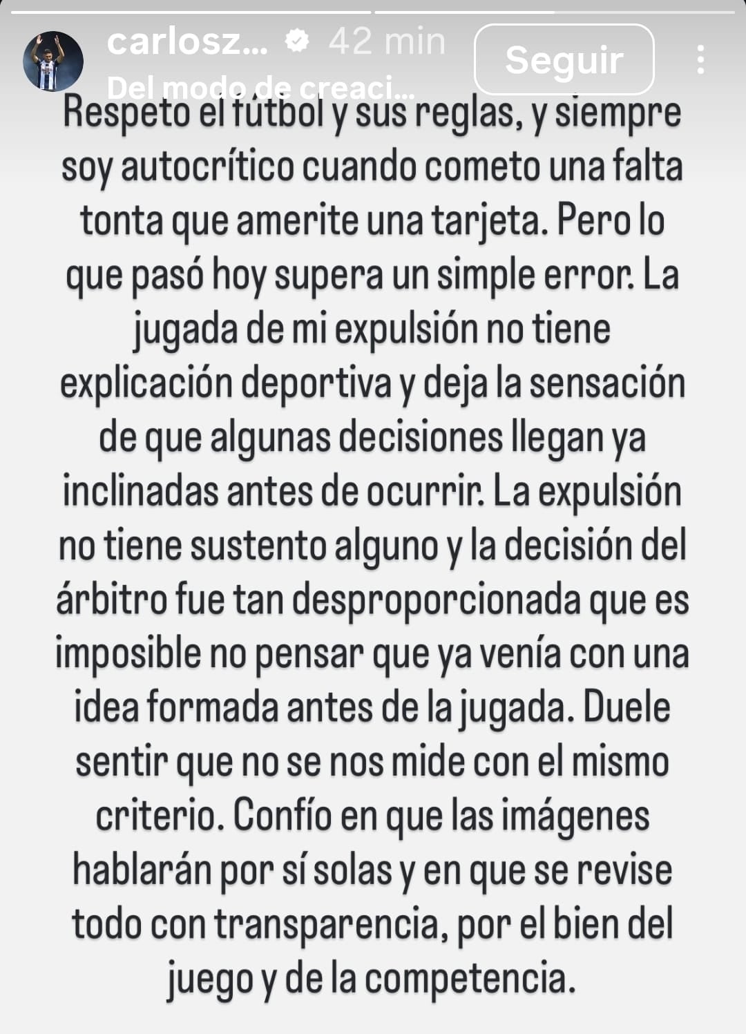 Carlos Zambrano y la molestia por expulsión en Alianza Lima. (Foto: Instagram)