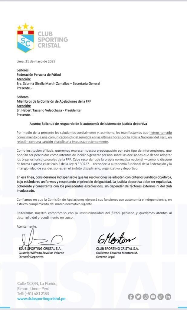 Comunicado de Sporting Cristal sobre lo ocurrido este miércoles.