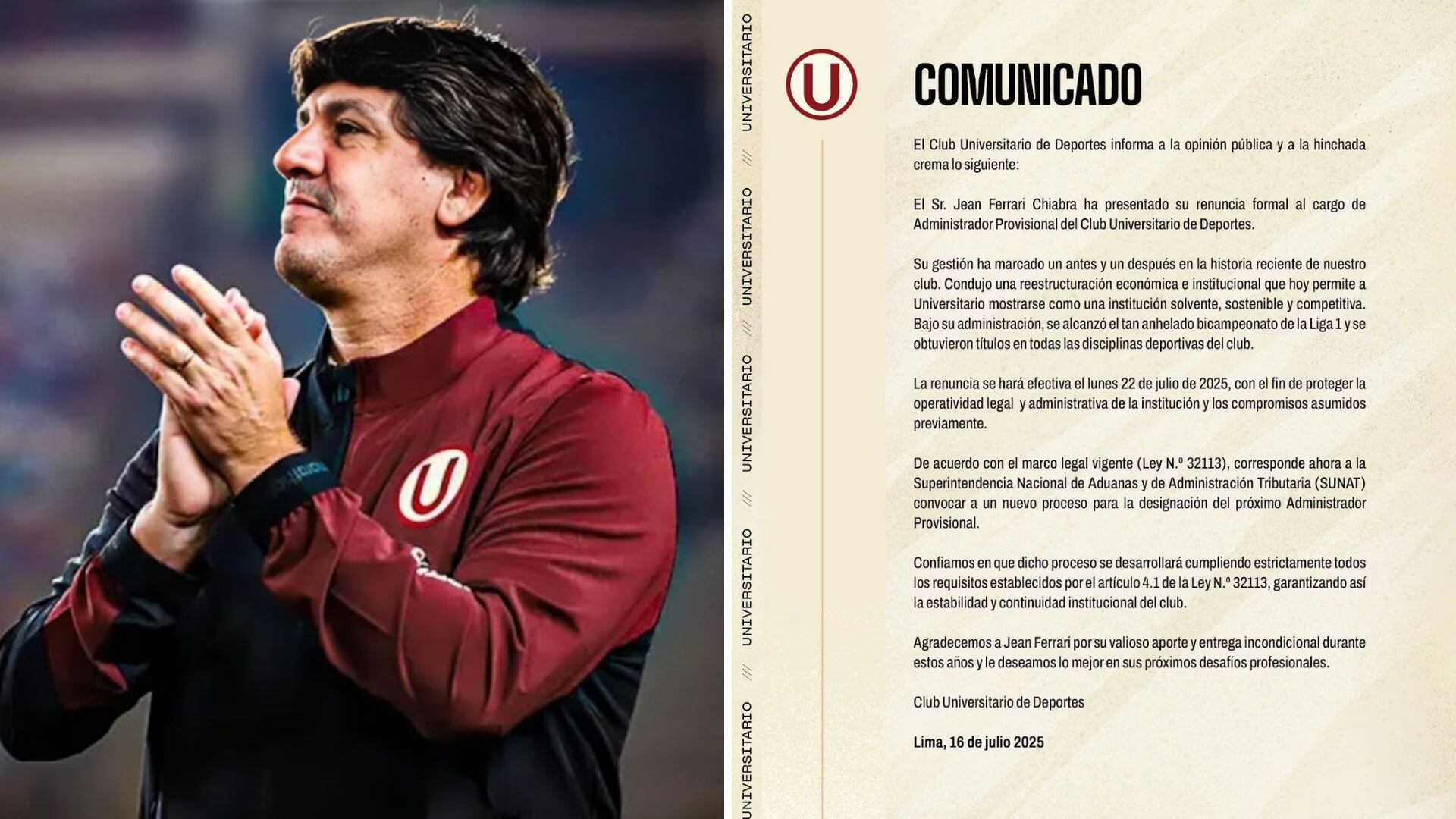 Jean Ferrari presentó su renuncia dejando el cargo de administrador libre. (Foto: Universitario)