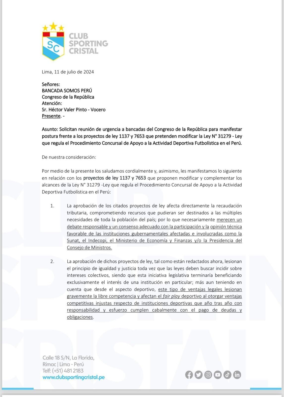 Carta de Sporting Cristal a Somos Perú. (Foto: Difusión)