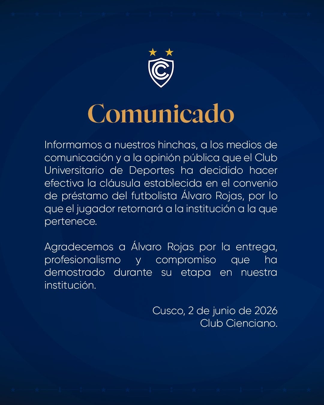 Comunicado oficial sobre el fin del préstamos de Álvaro Rojas. (Foto: Cienciano)
