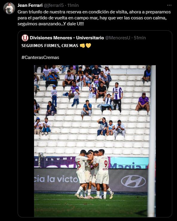 Jean Ferrari y la publicación tras el triunfo de Universitario. (Foto: Captura)