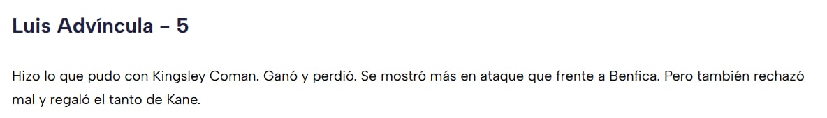 El puntaje de TyC Sports para Luis Advíncula en el partido contra Bayern Munich.