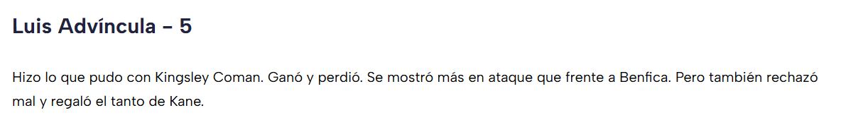 El puntaje de TyC Sports para Luis Advíncula en el partido contra Bayern Munich.