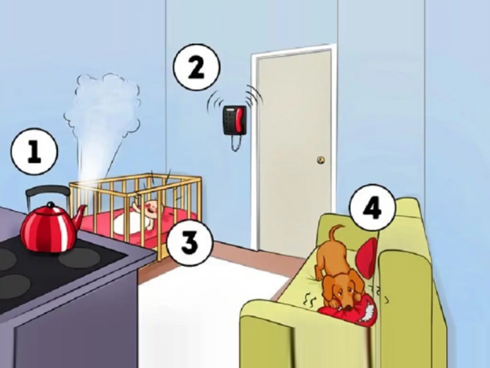 TEST VISUAL | Esta imagen te muestra el interior de una casa, donde una tetera debe ser apagada, un bebé llora, un teléfono recibe una llamada y un perro muerde un cojín. (Foto: namastest.net)