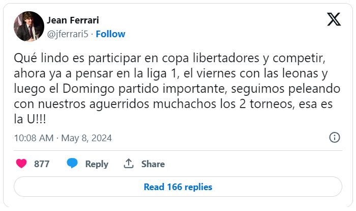 Publicación de Jean Ferrari, tras empate de Universitario vs. Junior. (Foto: Twitter)